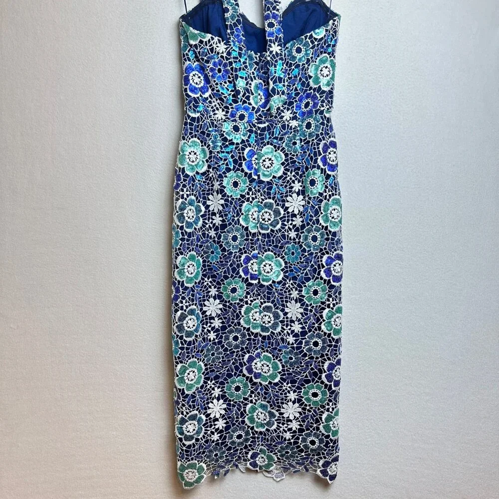 Dress the Population Blue White Floral Backless Lace Midi Dress - Picture 11 of 14